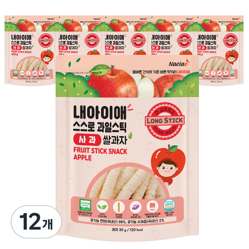 내아이애 유기농 스스로 과일 롱스틱, 사과, 30g, 12개