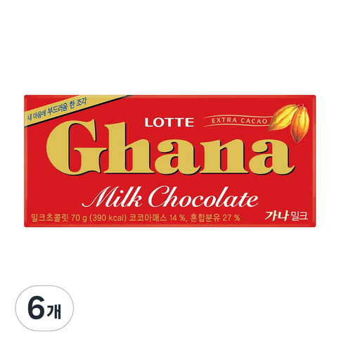 롯데 가나 밀크 초콜릿, 70g, 6개