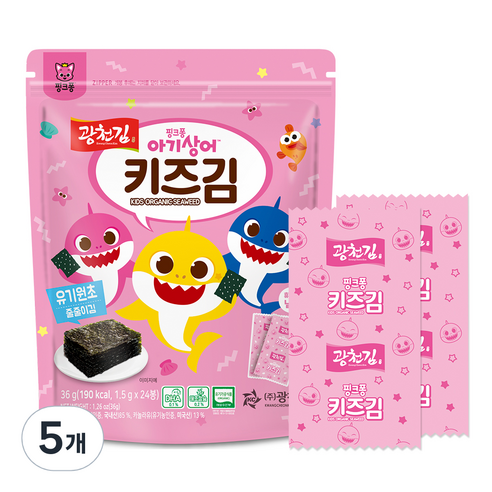 광천김 핑크퐁 아기상어 유기원초 줄줄이 키즈김, 36g, 5개