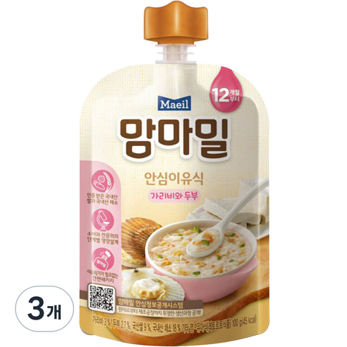 맘마밀 안심 이유식, 가리비와 두부참치, 100g, 3개