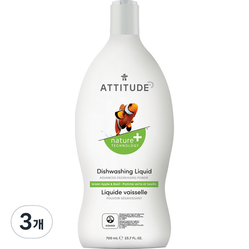 에티튜드 주방세제 그린애플 바질향, 700ml, 3개