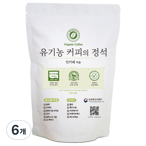 인카페 유기농 커피의 정석 올가닉블루노트서울 커피 원두, 홀빈(분쇄안함), 200g, 6개