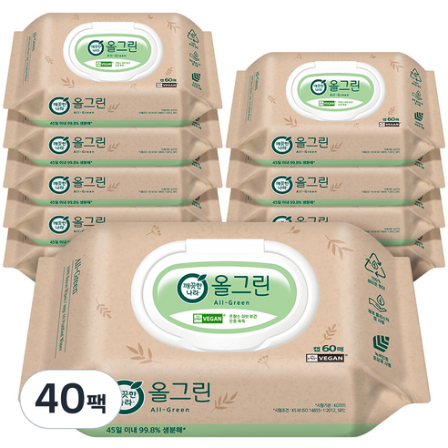 깨끗한나라 올그린 물티슈 캡형, 60매, 40개
