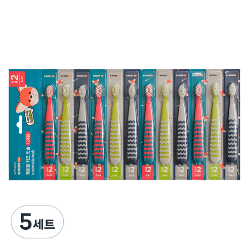 케이맘 키즈 칫솔 2단계, 캔디핑크 + 스트라이크그레이 + 애플라임, 12개입, 5세트