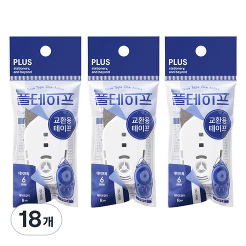 PLUS 풀테이프 원액션 TG-1910 6mm x 8m 리필용, 투명, 18개