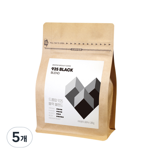 드롭탑 925 블랙 블렌드 원두 커피, 홀빈(분쇄안함), 200g, 5개