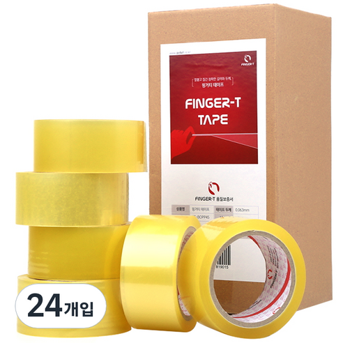 핑거티 중포장용 박스테이프 48mm x 45m x 0.063mm, 투명, 24개입