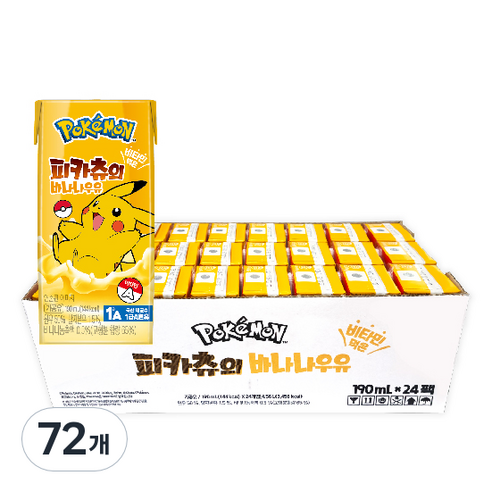 포켓몬 피카츄의 바나나 우유, 190ml, 72개