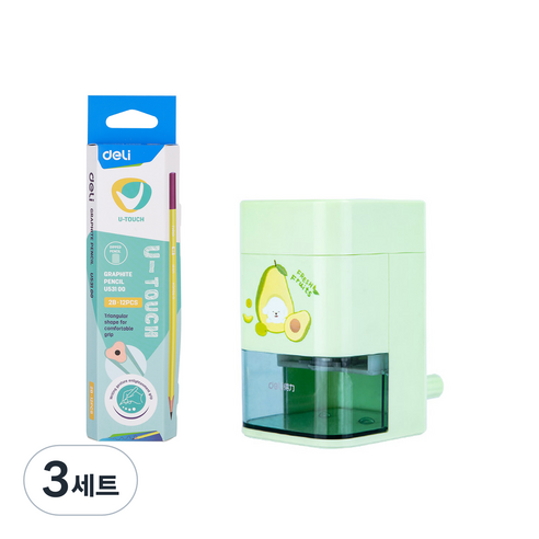 델리 학생용 2B 연필 + 오토피드 수직 후르츠 연필깎이 세트, 연필(블루 + 핑크, 핑크 + 옐로우, 옐로우 + 퍼플), 연필깎이(그린), 3세트