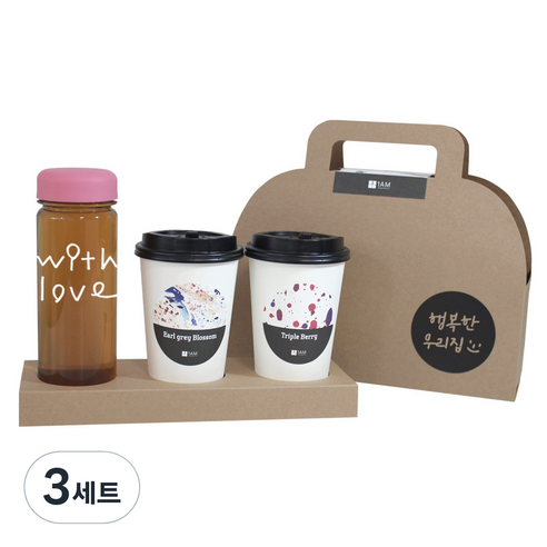 1AM 쥬뗌므 프리미엄 크라프트 with lvoe 분홍뚜껑 보틀 블랜딩차세트, 크라프트 패키지 + 티백세트(테이크아웃잔 2p + 얼그레이 블라썸 3p + 트리플 베리 3p) + with love 보틀 스티커 + 트라이탄 보틀 + 행복한우리집 패키지 스티커, 3세트