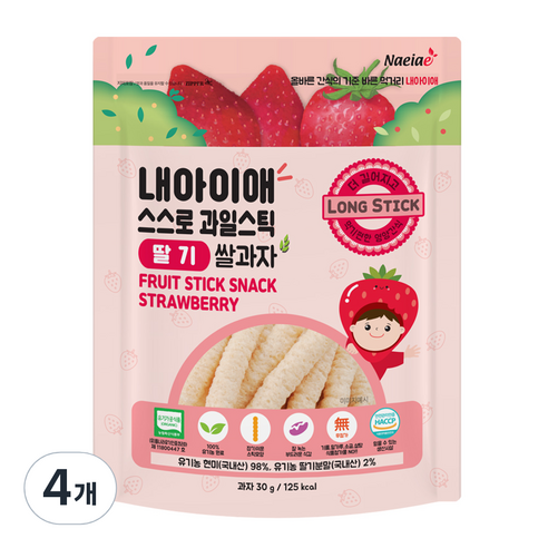 유아용 내아이애 유기농 스스로 과일 롱스틱, 딸기, 30g, 4개