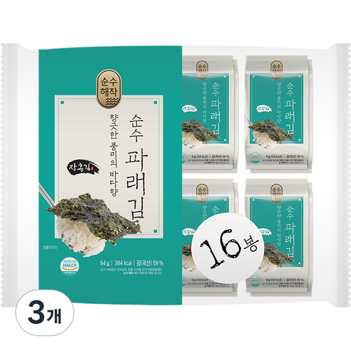 순수해작 순수 파래 도시락김 16p, 64g, 3개