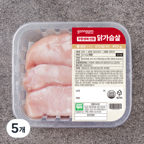 곰곰 무항생제 인증 닭가슴살 (냉장), 400g, 5개
