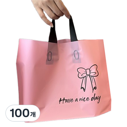 마켓감성 좋은하루 리본 쇼핑백, 핑크, 100개
