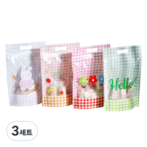 캐릭터 손잡이 지퍼팩 선물봉투 50p 세트, 투명체크, 3세트