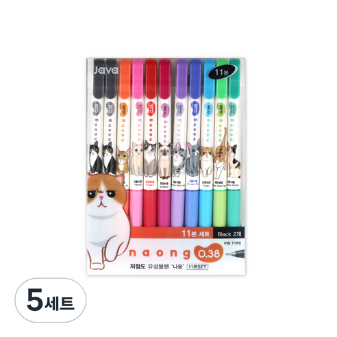 자바펜 나옹 미니 볼펜 11본 세트 0.38mm, 혼합색상, 5세트