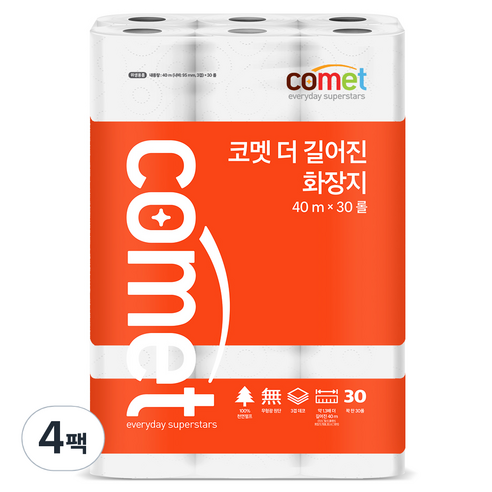 코멧 더 길어진 화장지 천연펄프 3겹 40m, 30개입, 4개