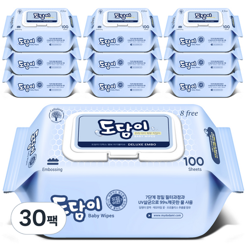 도담이 디럭스 엠보 유아물티슈 캡형 55gsm, 100개입, 30세트