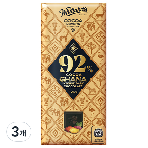 휘태커스 코코아 러버 컬렉션 92% 가나 다크초콜릿, 100g, 3개