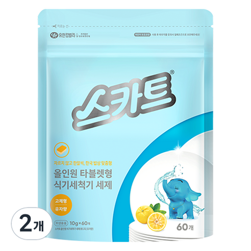 스카트 올인원 식기세척기 세제 뽀드득 유자향 60p, 600g, 2개