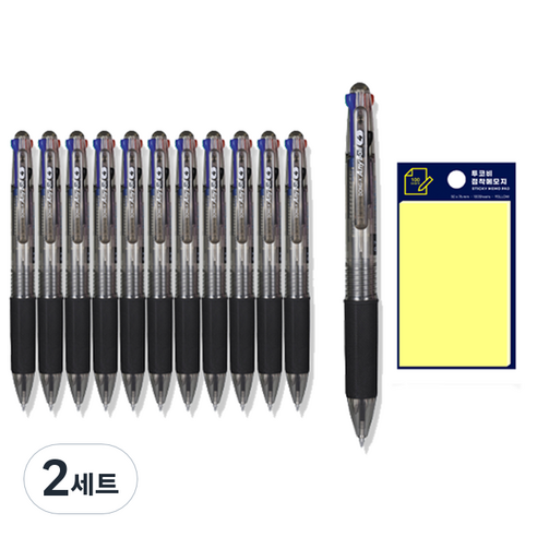 동아 애니볼 4색 볼펜 0.7mm 12p + 투코비 스티키 메모패드 노랑 세트, 흑색, 2세트
