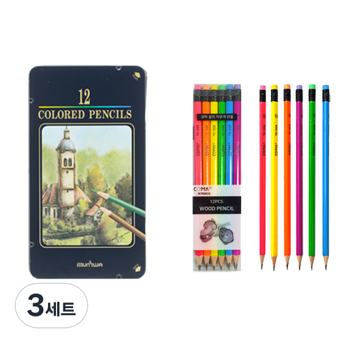 문화연필 색연필 틴 케이스 12색 + 투코비 코마 삼각 지우개 연필 TC-208 B 12p 세트, 혼합색상, 3세트