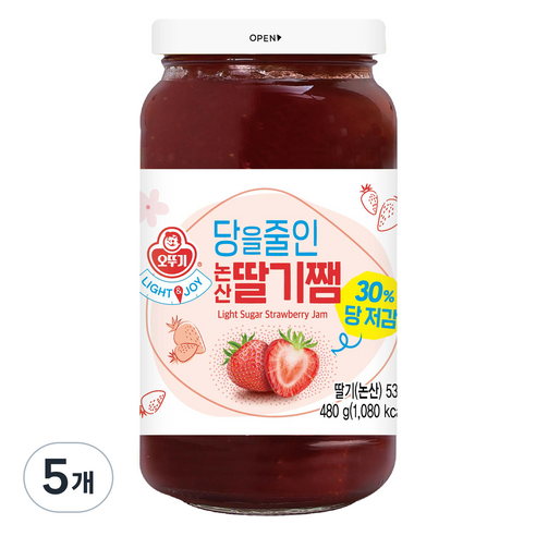오뚜기 LIGHT 앤 JOY 당을줄인 논산 딸기쨈, 480g, 5개