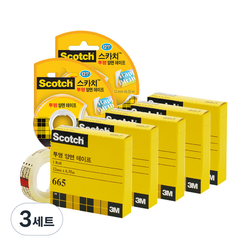 쓰리엠 스카치 투명 양면 테이프 디스펜서 136 12mm x 6.35m 2p + 양면테이프 리필 665R 12mm x 6.35m 5p, 혼합색상, 3세트