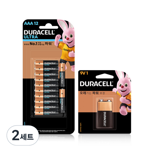 듀라셀 울트라 알카라인 건전지 AAA 12p + 알카라인 9V 세트, 2세트