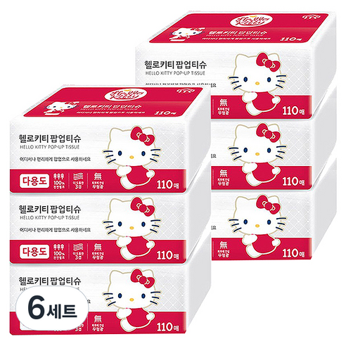 헬로키티 팝업 천연펄프 미용티슈 3겹 레드, 110매, 6세트