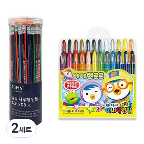 코마 삼각지우개연필 SG-208 48p + 지구화학 뽀로로 미니 24색 색연필, 혼합색상, 2세트
