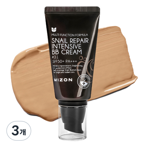 미즈온 스네일 리페어 인텐시브 비비 BB크림 SPF50+ PA+++, 31호 카페 브라운, 3개
