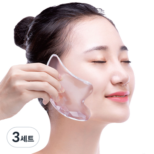 V라인 크리스탈 투명 경락 마사지 원석괄사 + 벨벳 파우치, 3세트, 혼합색상