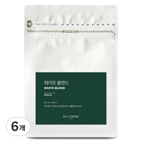 엠아이커피 화이트 블렌드 커피, 홀빈(분쇄안함), 200g, 6개