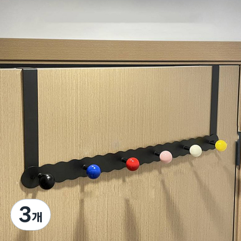 몬드스팟 알록달록 튼튼한 무타공 틈새 도어훅 옷걸이 훅 6개 YY57554, 블랙, 3개