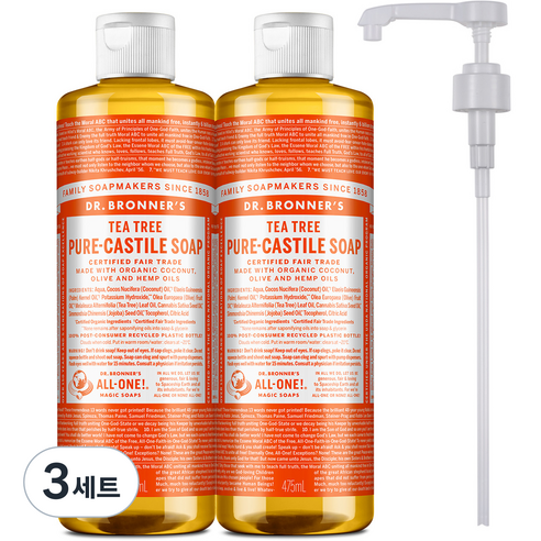닥터브로너스 티트리 퓨어 캐스틸 솝 세안 바디 클렌저 475ml x 2 + 펌프, 3세트