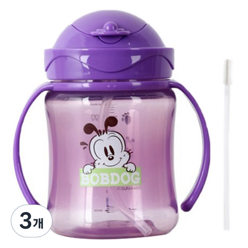 리틀밥독 국내 제조 플립 컬러 빨대컵 250ml, 퍼플, 3개