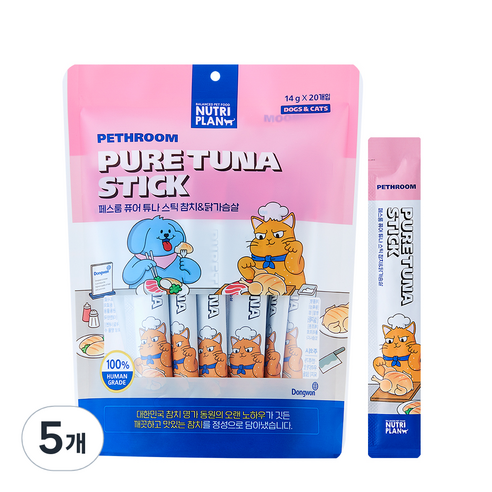 페스룸 반려동물 퓨어 튜나 스틱 간식 참치 앤 닭가슴살 14g x 20p, 5개, 참치+닭가슴살 혼합맛