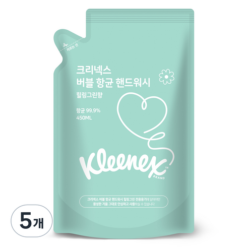 크리넥스 버블 항균 핸드워시 힐링그린향 리필, 450ml, 5개