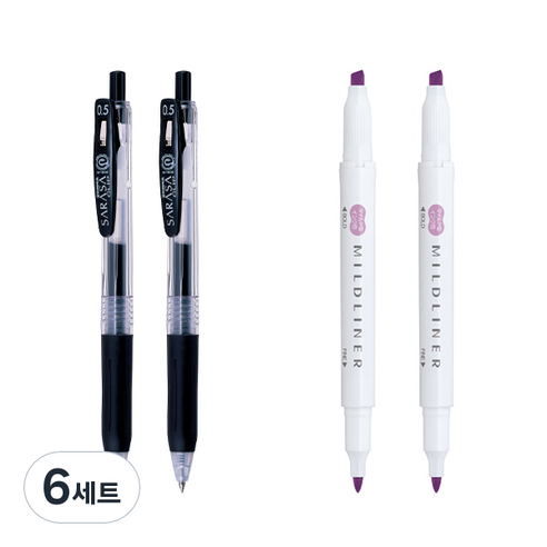 제브라 마일드라이너 마카 2p + 사라사 클립 볼펜 0.5mm 2p 세트, 마젠타(마일드라이너), 검정(볼펜), 6세트
