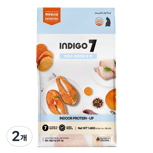INDIGO 전연령 고양이 세븐 인도어 프로틴 업 건식사료, 2개, 닭/연어, 1.4kg