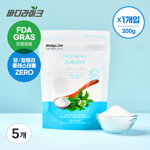 바디라이크 에리스리톨 위드 스테비아, 200g, 5개