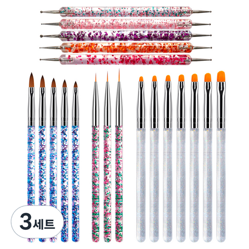 메이브라운 추천 네일 도트봉 5종 + 둥근붓 7종 + 아크릴붓 5종 + 세필붓 3종 세트, 3세트, 혼합색상