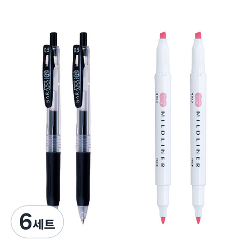 제브라 마일드라이너 마카 2p + 사라사 클립 볼펜 0.5mm 2p 세트, 핑크(마일드라이너), 검정(볼펜), 6세트