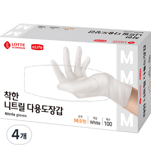 롯데이라이프 착한 니트릴 다용도 장갑 100개입, 4개, 화이트, 중(M)