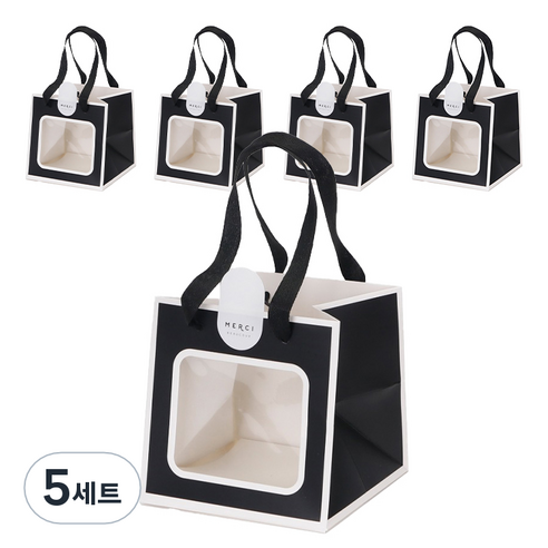 인디케이 투명창 선물쇼핑백 소 5p + 스티커 5p 세트, 블랙, 5세트