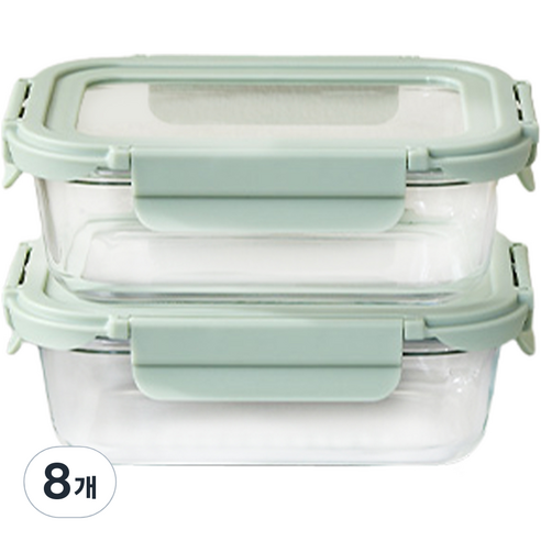 모던하우스 클리어글라스 오븐용 밀폐용기 직사각 640ml, 그린, 8개, 밀폐용기 2p