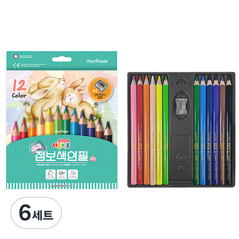 문화연필 삼각 점보 색연필, 12색, 6세트