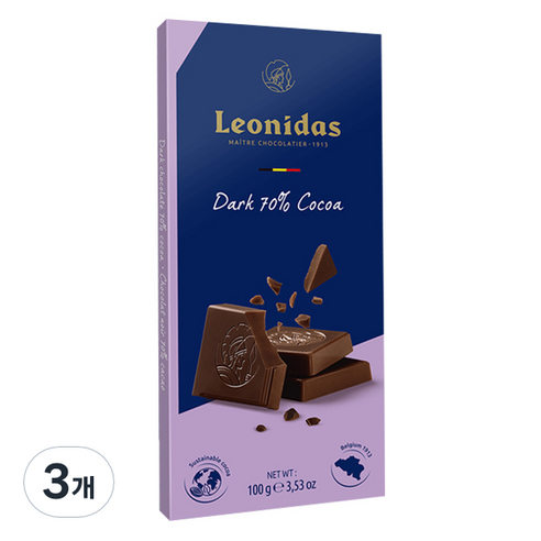 레오니다스 타블릿 다크 초콜릿, 100g, 3개