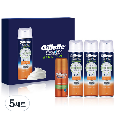 질레트 퓨전 프로글라이드 센서티브 2in1 액티브 스포츠 쉐이빙폼 245g 3개 +퓨전하이드라젤 70g 1개, 5세트